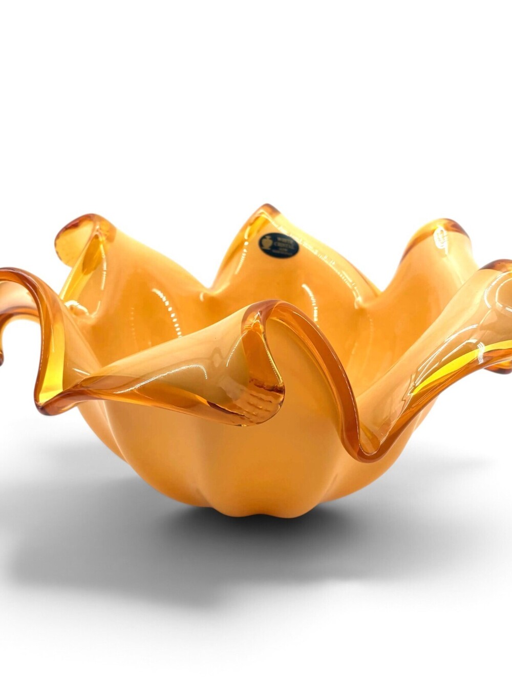 Murano "White Cristal" Hand Made in Italy Caramel Amber Glass Bowl 15" X 7.5"